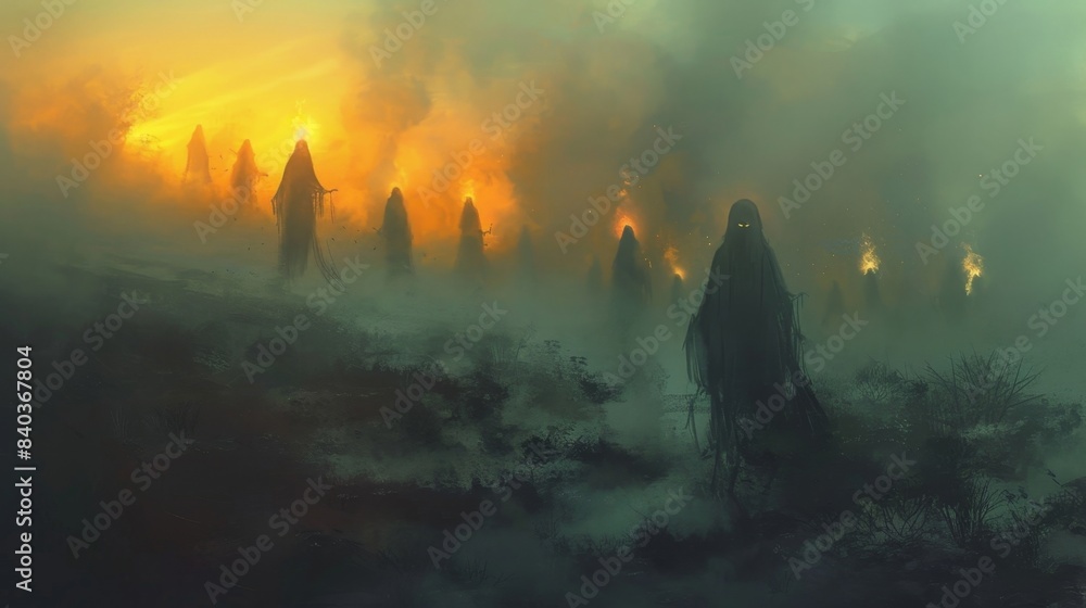 Poster the dawn mist seems to amplify the ghostly forms casting them in an eerie glow as they float through