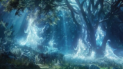 Obraz premium The tranquil glen is awash with ethereal beings their translucent bodies dancing in harmony with the gentle breeze