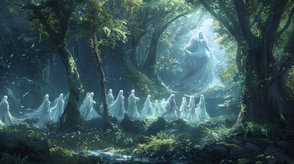 A gathering of otherworldly beings each more graceful and enchanting than the last convene in the hidden glen their presence imbuing the air with a sense of magic and wonder