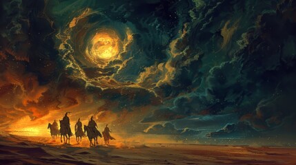 Fototapeta premium It is said that on the darkest of nights the spirits of the desert can be seen riding through the sky on their wild untamed steeds their cries piercing the stillness of the desert