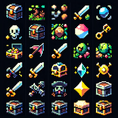 A sprite sheet of pixel art icons for a treasure map from an RPG game