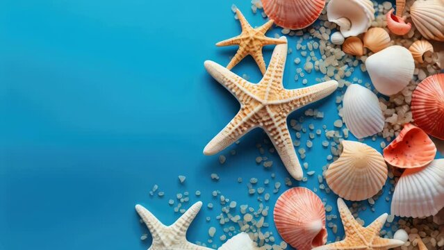 A colorful illustration of shells and starfishes set against a bright blue background.