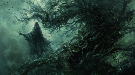 Obraz premium Vines seem to twist and curl around the spectral figure as if trying to ensnare it within the overgrown foliage that it calls home