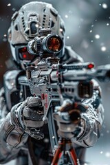 Fototapeta premium A person with a weapon in a winter landscape, potentially for hunting or self-defense