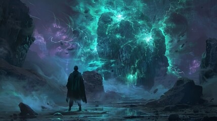 Obraz premium Legends speak of a cursed spirit that resides in the haunted valley its power emanating from the glowing pulsing rocks that dot its dark landscape