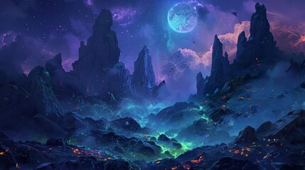 The chilling howl of the wind echoes through the haunted valley causing the glowing rocks to flicker and dance in an unnatural rhythm
