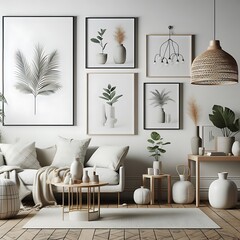 A living room style interior set design with a mockup poster empty white and with a couch and pictures on the wall engaging engaging.