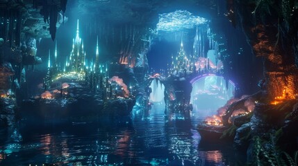 A glowing underwater city visible through the crystalclear pool in the center of the cave