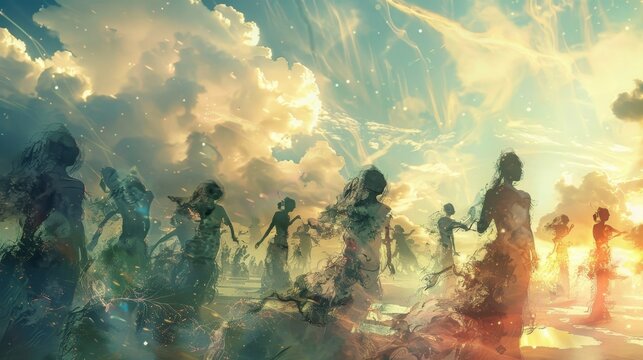 In the final moments of daylight a chorus of transparent figures appeared in the sky their voices echoing in an otherworldly melody