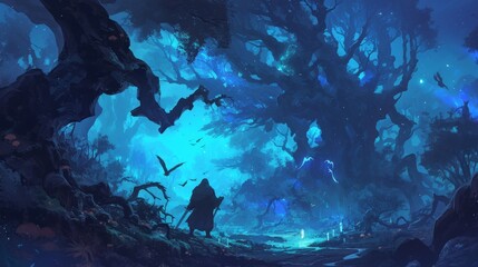 Fototapeta premium The air in the haunted forest is thick with a palpable sense of dread and foreboding. Every shadow holds the possibility of a lurking spirit ready to pounce and lead unsuspecting soul
