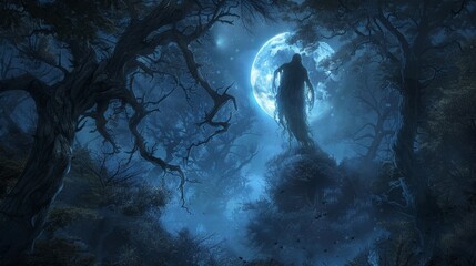 Obraz premium As the full moon rose above the canopy a spectral figure emerged from the depths of the forgotten glade their ghastly form casting an eerie glow on the surrounding trees