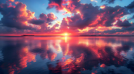 A nature river during sunset, the sky ablaze with colors, and the water reflecting the hues