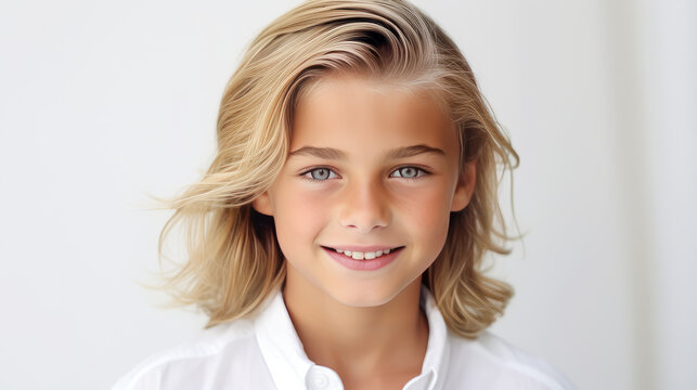 Portrait of a beautiful, happy smiling blond boy with long hair and perfect skin, white background, banner.