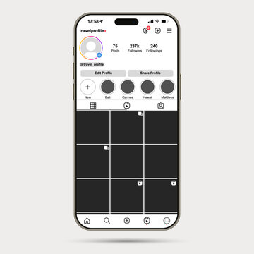 Profile front view iphone 15 pro max natural titanium mockup with instagram template screen vector.  Kyiv, UKRAINE - May 03, 2024