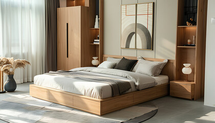 Interior of stylish bedroom with cozy bed and wooden cabinet