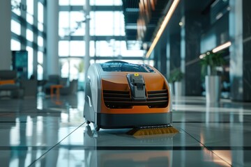 A robot cleaning a tiled floor in a building with modern equipment and machinery