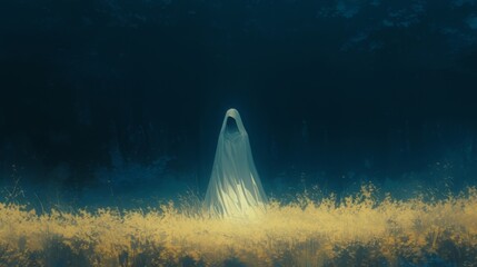 A spectral figure drifts through the meadow its body seemingly made of mist leaving no footprints in the damp grass