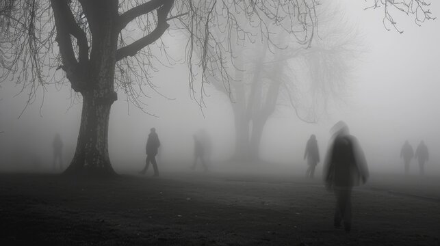Amidst the fog that crept through the trees ghostly figures could be seen wandering aimlessly their transparent forms shifting and changing with each passing gust of wind