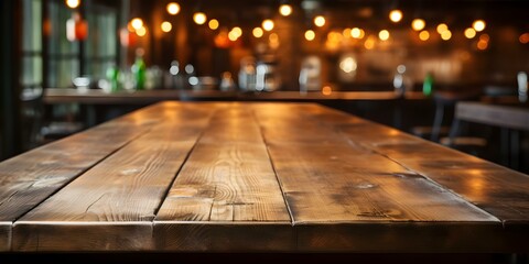 Blurry bar background with empty wooden table for product placement design. Concept Product Placement, Blurry Background, Empty Wooden Table, Bar Setting, Design Display