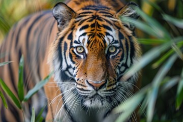 Fototapeta premium Tiger Stalking Through Jungle Foliage