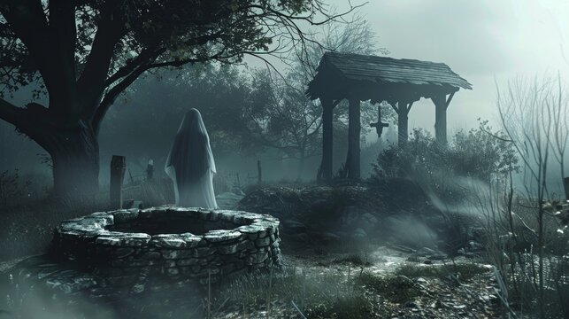 Despite its translucent appearance the ghost by the haunted well exudes a sense of power its otherworldly presence imbuing the area with an almost tangible energy