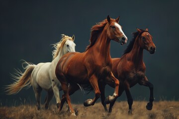 Obraz premium Group of horses running freely across a green field