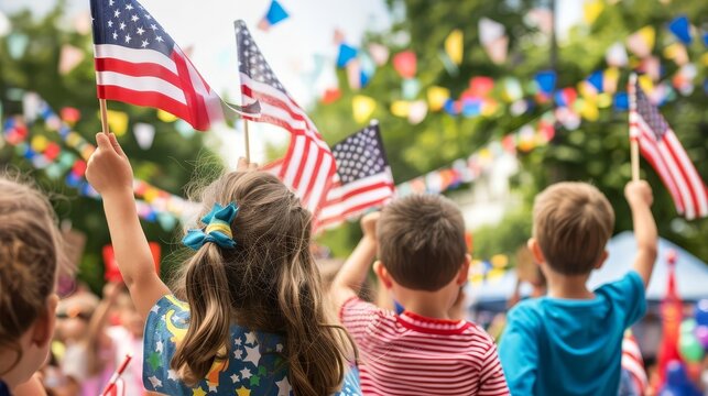 children waving american flags in independence day parade patriotic celebration with bokeh background joyful moment
