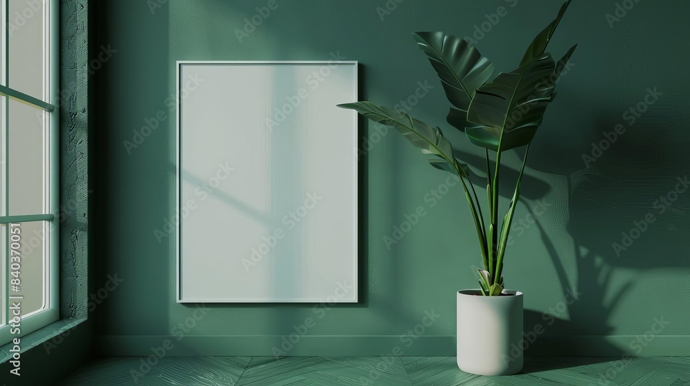 Poster closeup of green wall with empty poster frame mockup 3d rendering