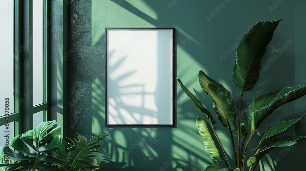 Poster closeup of green wall with empty poster frame mockup 3d rendering