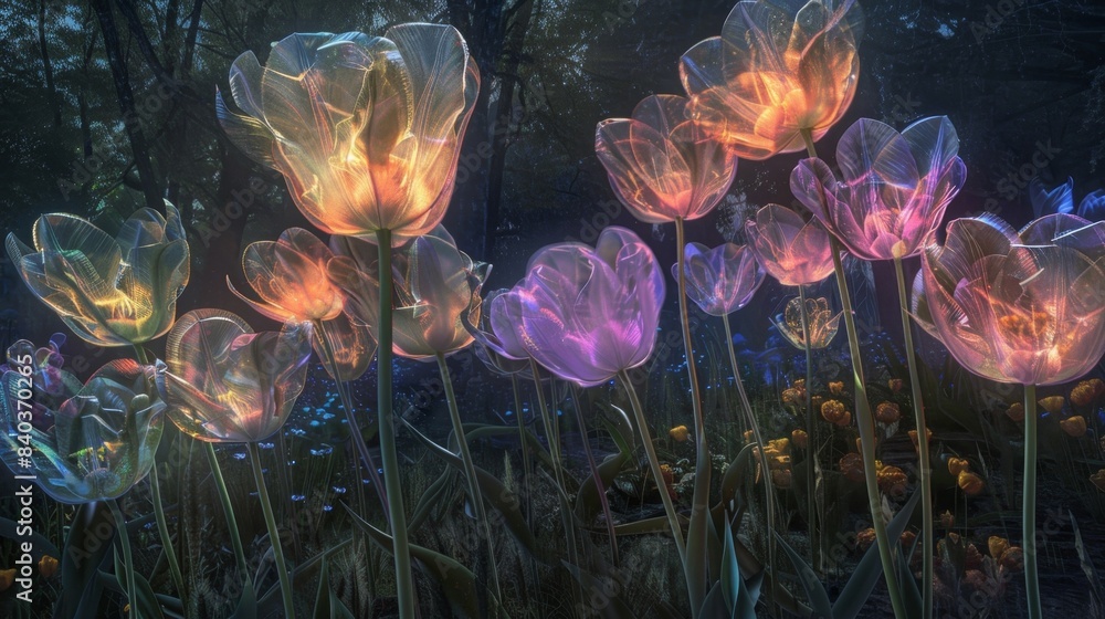 Poster dancing on the wind ghostly tulips sway back and forth their shimmering seethrough forms creating an