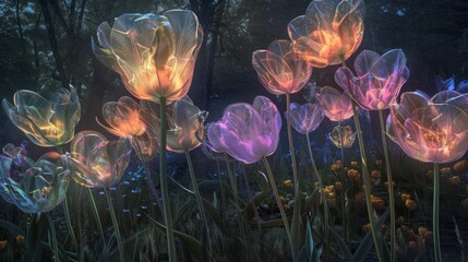 Dancing on the wind ghostly tulips sway back and forth their shimmering seethrough forms creating an otherworldly spectacle. The sound of their ethereal whispers fills the night ai