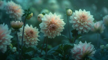 Fototapeta premium the days grow shorter and the air turns colder the garden becomes overtaken by ghostly dahlias. These once vibrant flowers now stand as pale eerie specters their once colorful petal