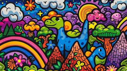 Obraz premium Retro cute graffiti dinosaur illustration poster background