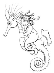 Baby mermaid with curly hair. A cute seahorse with a long nose and a curled tail. Graphic black and white illustration for kids book. Isolated cartoon image for coloring. Funny print for a child.