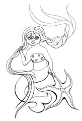 Teenage mermaid with fluttering fluffy braids. A cute starfish. Graphic black and white illustration for kids book. Isolated cartoon image of a sea girl for coloring. Wallpaper for a Hawaiian vibe.