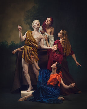 Man grandiose pose embodies self-admiration, while surrounding women, in fabrics, lavish him with attention and indulgence, symbolizing sensual gratification. Narcissism, psychology concept.