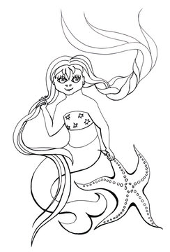 Teenage mermaid with fluttering fluffy braids. A cute starfish. Graphic black and white illustration for kids book. Isolated cartoon image of a sea girl for coloring. Wallpaper for a Hawaiian vibe.