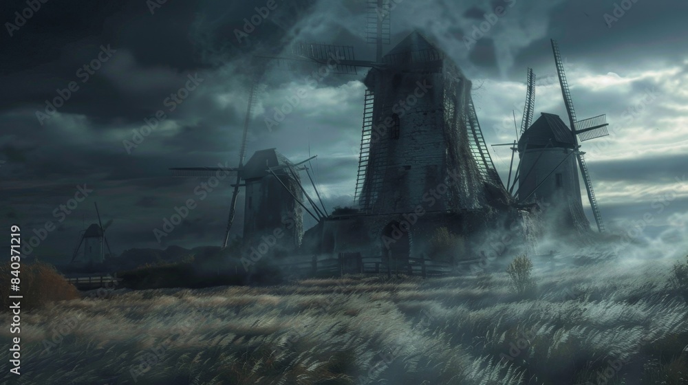 Poster the sound of ghostly laughter fills the air as the windmills sails spin in different directions as i