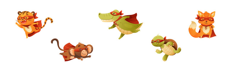 Animal Character Superhero Dressed in Mask and Red Cape or Cloak Vector Set