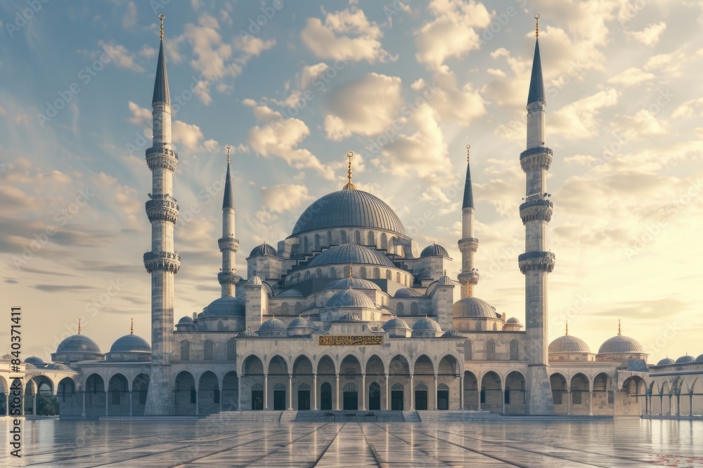 Poster A large white building with multiple spires and a complex architectural design