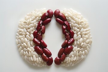 An artistic arrangement of kidney beans and white rice in a circular pattern, emphasizing their textures and culinary significance, ideal for creative food presentations
