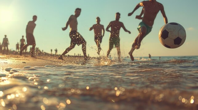 People having fun playing soccer on the beach