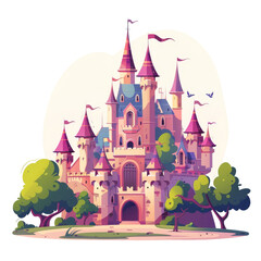 Obraz premium Cartoon fairytale castle with towers, flags, and a drawbridge, isolated on white background. Concept of fantasy, magic, and imagination.