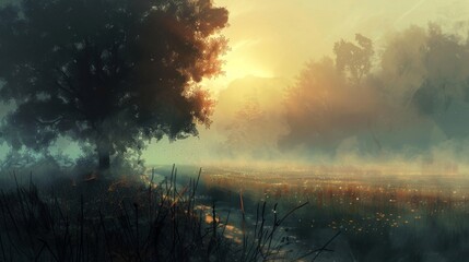 Naklejka premium In the distance a flickering light can be seen moving slowly through the misty field drawing closer with each passing moment