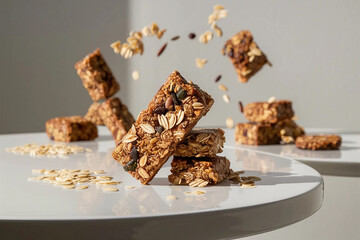 
Homemade organic granola protein bar with oats for breakfast. on a white background Ai generative.
