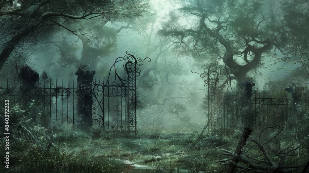 Poster the haunted gate sits at the edge of a desolate forest its wrought iron bars twisted and warped as i