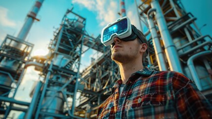 Fototapeta premium A person wearing VR headset standing outside a factory building
