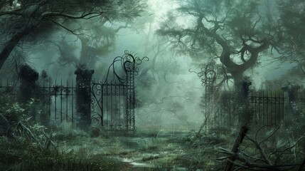 The haunted gate sits at the edge of a desolate forest its wrought iron bars twisted and warped as if trying to keep soing contained within. A thick mist rises from the overgrown gras