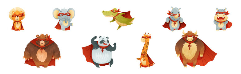 Animal Character Superhero Dressed in Mask and Red Cape or Cloak Vector Set