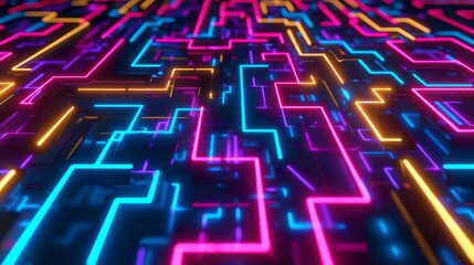Obraz premium electrifying circuit board maze in vivid neon hues futuristic seamless pattern digital art